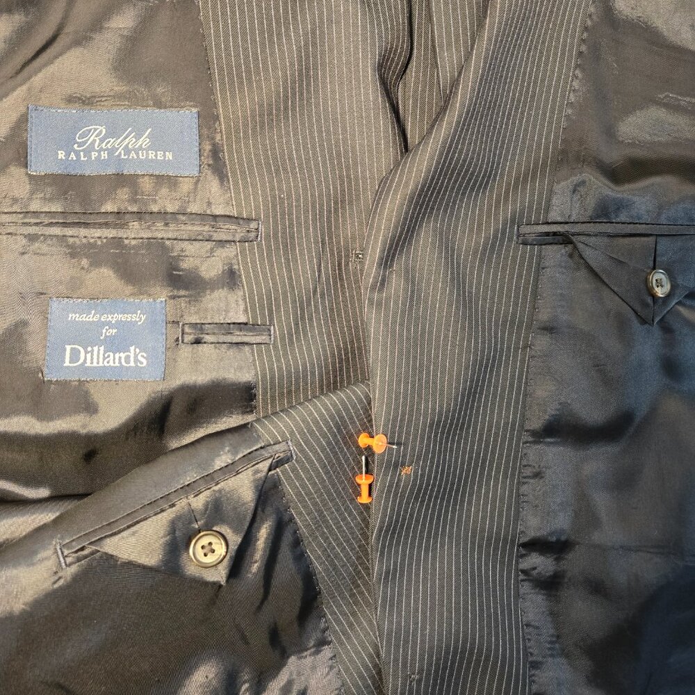 RALPH LAUREN Dillard's BLACK 100% Wool WHITE Pinstripe Blazer Men's Size 50R. - Picture 13 of 17